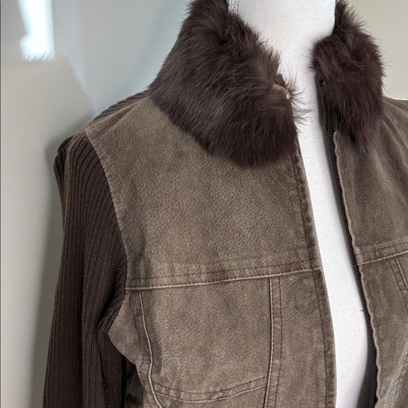 Escapade Brown Suede Bomber Style Zip Up Jacket with Faux Fur Collar. Med Petite - Picture 5 of 10